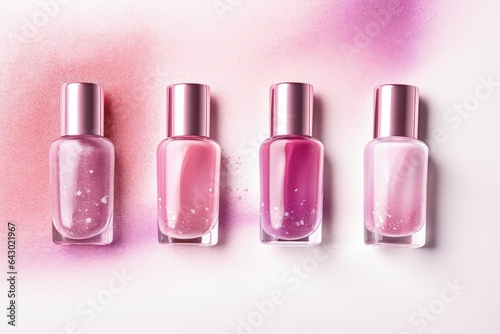 Nail art with metallic pink polish spilled around bottles © LimeSky