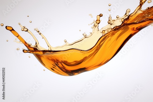 Oil from a plastic bottle being poured out in droplets onto a white background