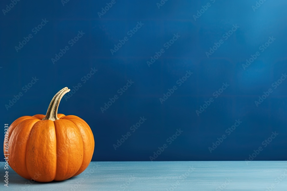 Orange pumpkin on blue background Halloween or Thanksgiving celebration Halloween cosmetics display Fall still life Orange pumpkin on blue background Halloween or Thanksgiving celebration Halloween cosmetics display Fall still life