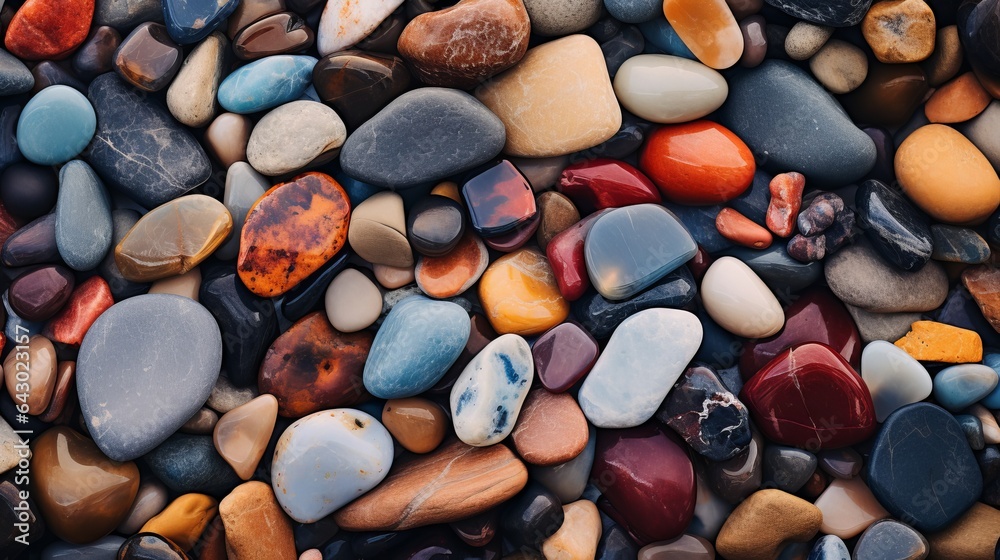 As an abstract background, colorful stones of various sizes and shapes are strewn close to a tall rocky cliff. As an abstract background, colorful stones of various sizes and shapes are strewn close to a tall rocky cliff.