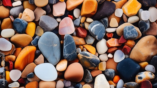 As an abstract background, colorful stones of various sizes and shapes are strewn close to a tall rocky cliff. photo