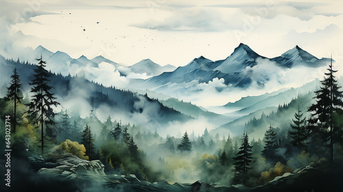 Watercolor landscape of a coniferous forest against the backdrop of mountains.Generative AI technology. 
