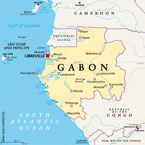 Gabon, political map. Gabonese Republic, a country on the Atlantic coast of Central Africa, with capital Libreville. Bordered by Equatorial Guinea, Cameroon, Republic of the Congo, and Gulf of Guinea.