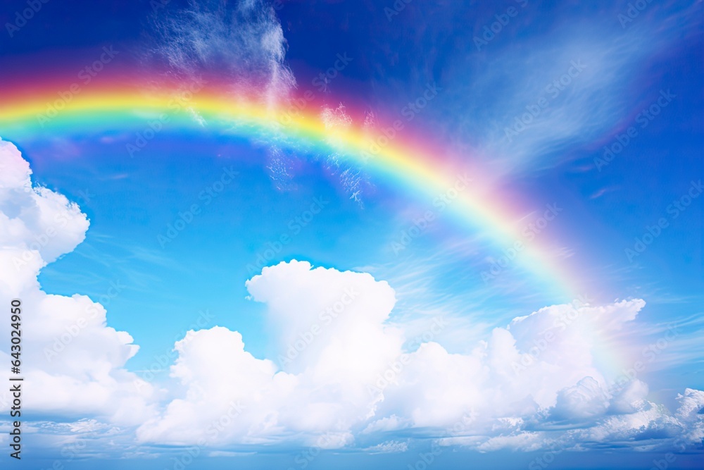 A vibrant rainbow stretching across the sky above the turquoise ocean created with Generative AI technology