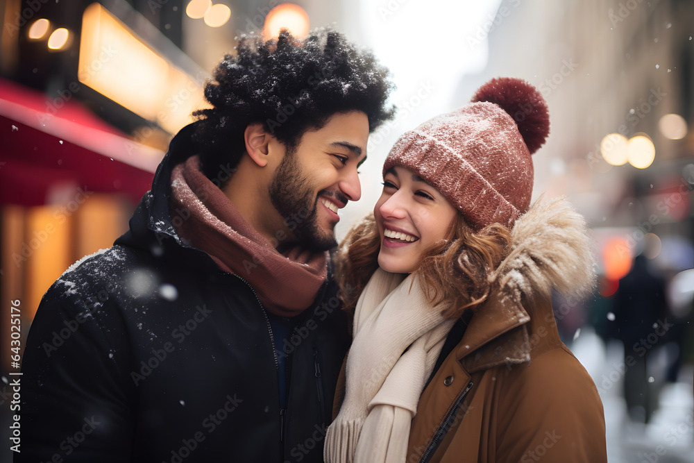 Multiracial couple in love wearing winter clothes celebrating Christmas ...