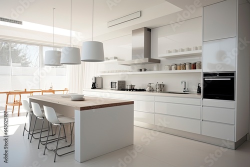 A modern kitchen with a spacious island and sleek white cabinets created with Generative AI technology
