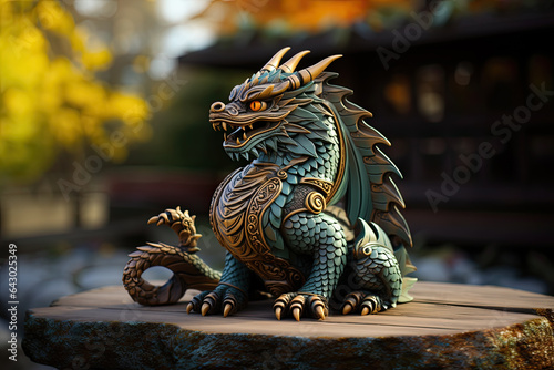 Small carved green wooden dragon figurine in autumn park is a symbol of year 2024 © sommersby