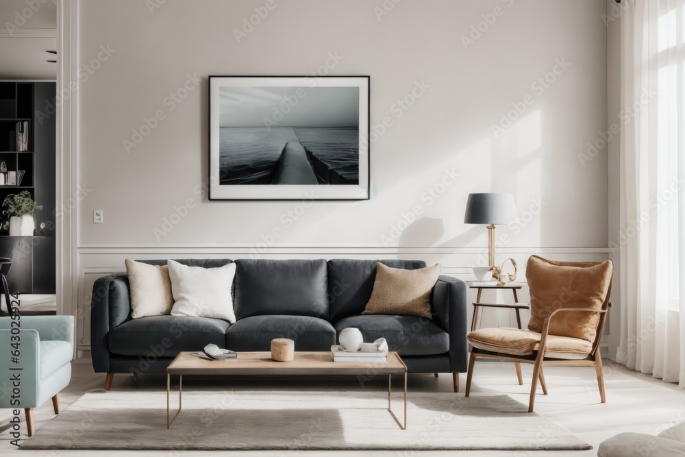 Interior mockup with picture frame on a Wall. Living room with sofa and painting on a wall Interior mockup with picture frame on a Wall. Living room with sofa and painting on a wall