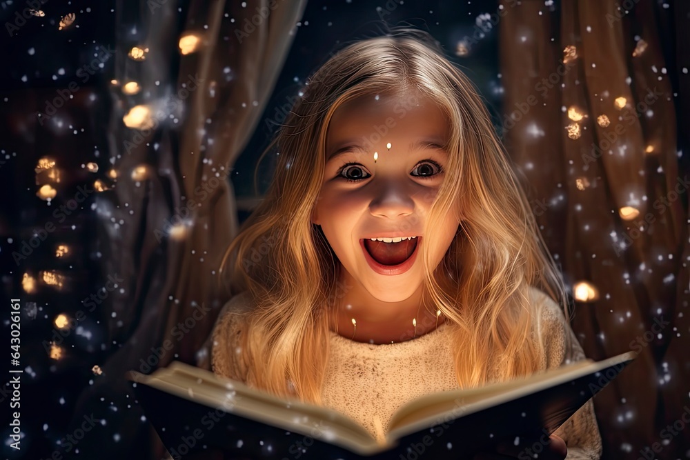 A joyful young girl engrossed in reading a captivating book with a bright smile on her face created with Generative AI technology A joyful young girl engrossed in reading a captivating book with a bright smile on her face created with Generative AI technology