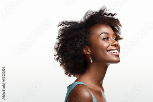 Happy African American woman, beautiful afro girl, Curly black hair, pretty face, studio portrait