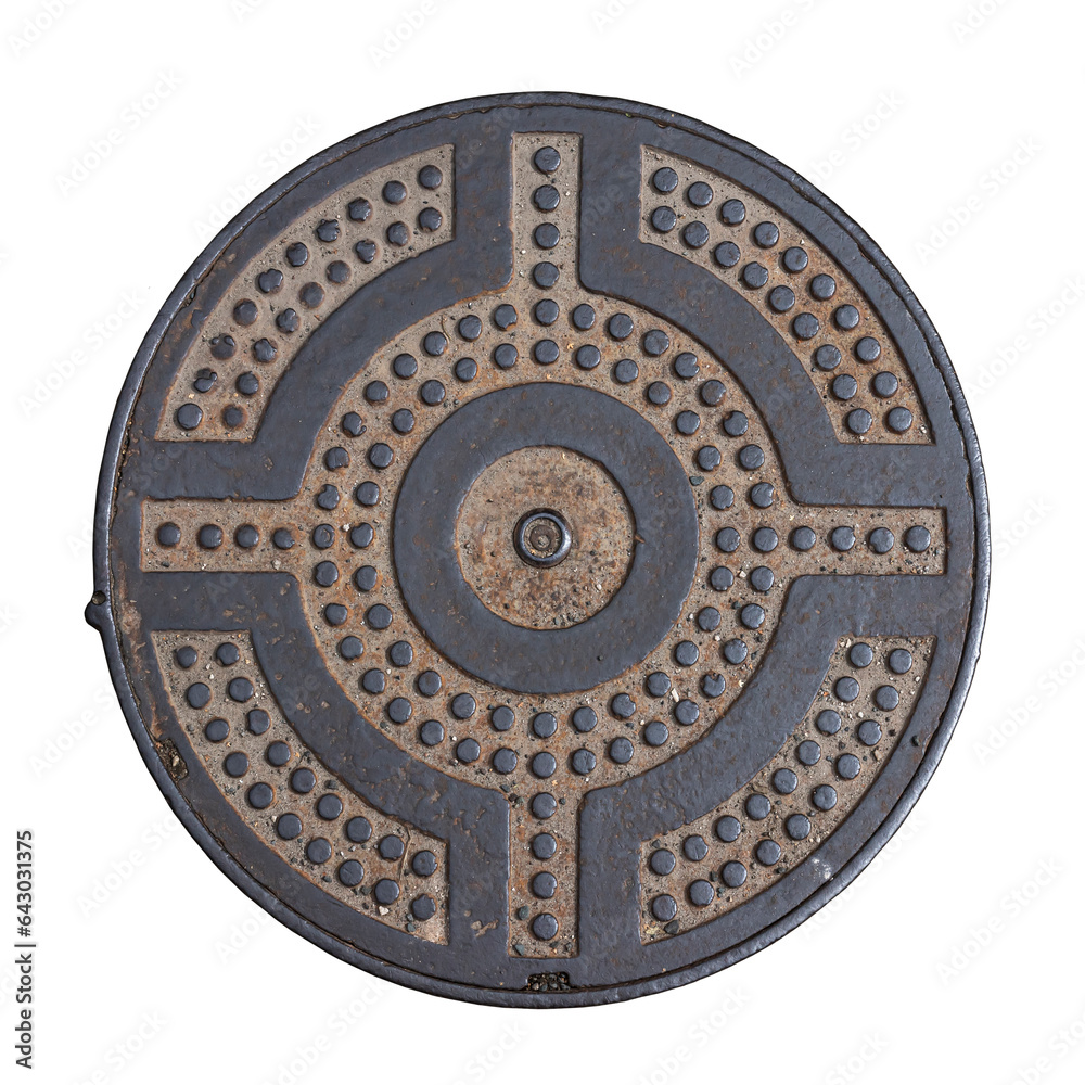 Fototapeta premium Old metal manhole cover isolated on white