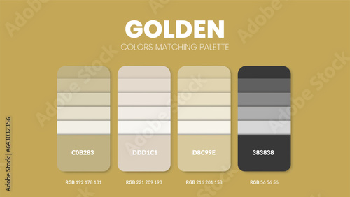 Color palette in Gold colour theme collections. Color inspiration or colour chart with codes template. Color combination set of RGB. Colors swatch for graphic design, art, fashion, or web design.