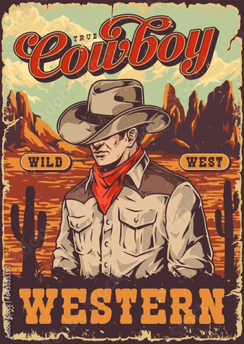 Cowboy portrait colorful vintage poster