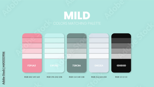 Color palette in Mild colour theme collections. Color inspiration or colour chart with codes template. Color combination set of RGB. Colors swatch for graphic design, art, fashion, or web design.