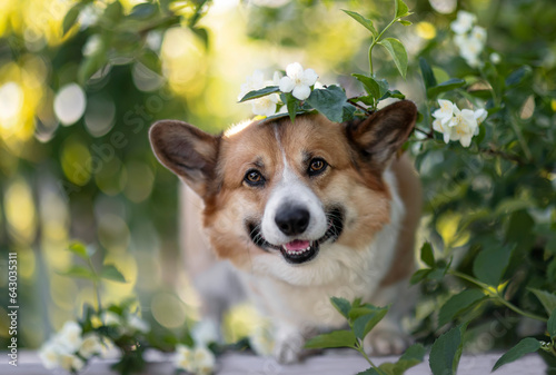 cute corgi dog puppy sitting in a may spring sunny garden among flowering bra...