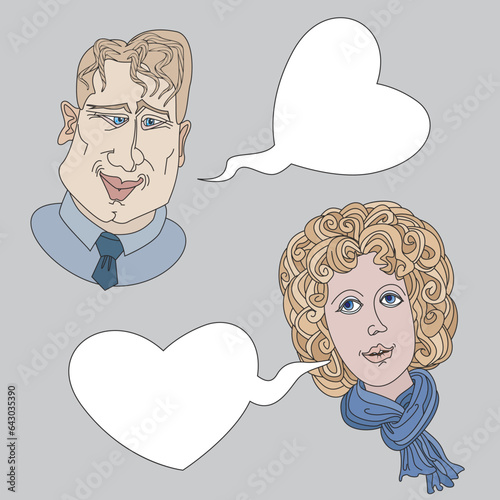 Vector sketchy cartoon people with speech bubbles. Young fair-haired blue-eyed woman and man 