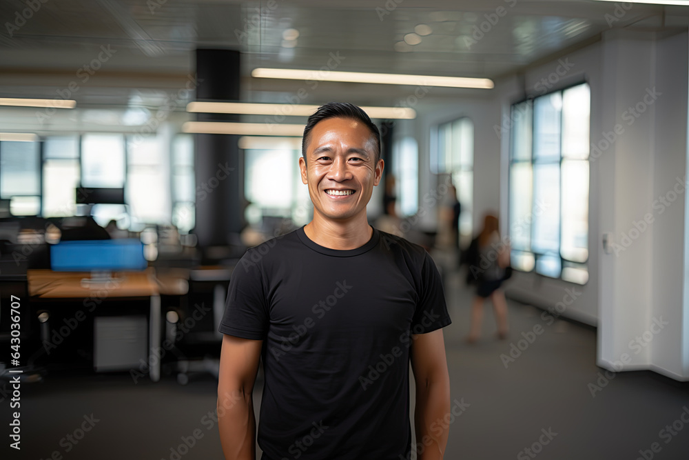 Friendly Asian office worker with a sincere smile in a blank black t-shirt standing on blurred background offices with employees. Mock-up for design. Blank template. Friendly Asian office worker with a sincere smile in a blank black t-shirt standing on blurred background offices with employees. Mock-up for design. Blank template.