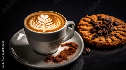 Coffee cup with latte art and cookies on black background. Background with a Copy Space.