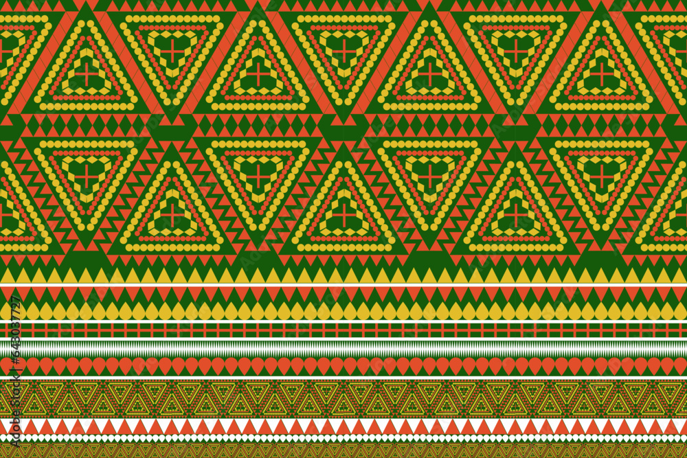 Seamless design pattern, traditional geometric flower zigzag pattern Christmas green yellow white orange vector illustration design, abstract fabric pattern, aztec style for print textiles 