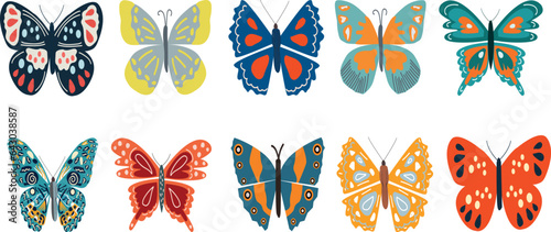 Cute butterflies set. Flying insects, delicate moths species with multicolored wings collection. Vintage detailed drawings. Colored hand-drawn vector illustrations isolated on white background