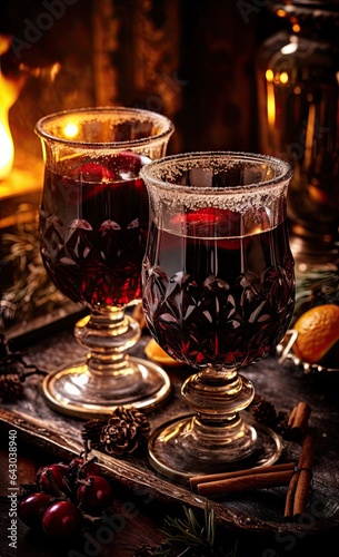two glasses of mulled wine with cran and cinnamon on the side, surrounded by christmas decorations in the background