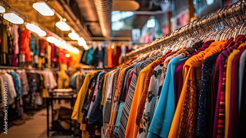 clothes hanging on racks in a clothing store, with focus to the top part of the image and blurred background