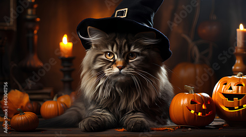 Cat with pumpkin on magic head, Halloween style, Fantasy