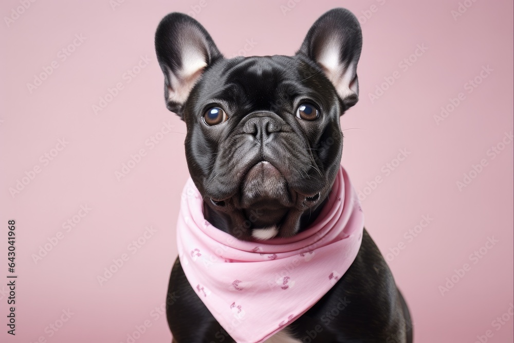Adorable French Bulldog Sitting in a Pink Bandanna: Cute Dog Fashion Accessory with Copy Space for Animal Clothing Ads