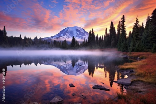 Sunrise at Mt. Rainier National Park: Scenic Mountain, Lake, and Trees with Cloud and Fall Colors at Sunset