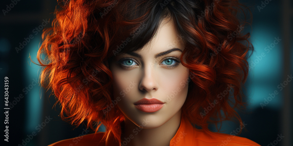 Hübsches Model Gesicht mit dunklen Haaren und roten Gegenlicht Nahaufnahme im Querformat für Banner, ai generativ