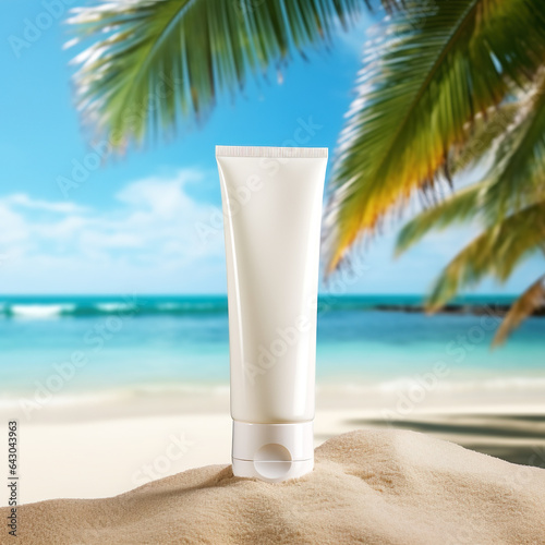 cream mockup on the beach, suntan cream, sunscreen 