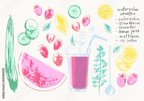Hand drawn summer watermelon smoothie recipe illustration