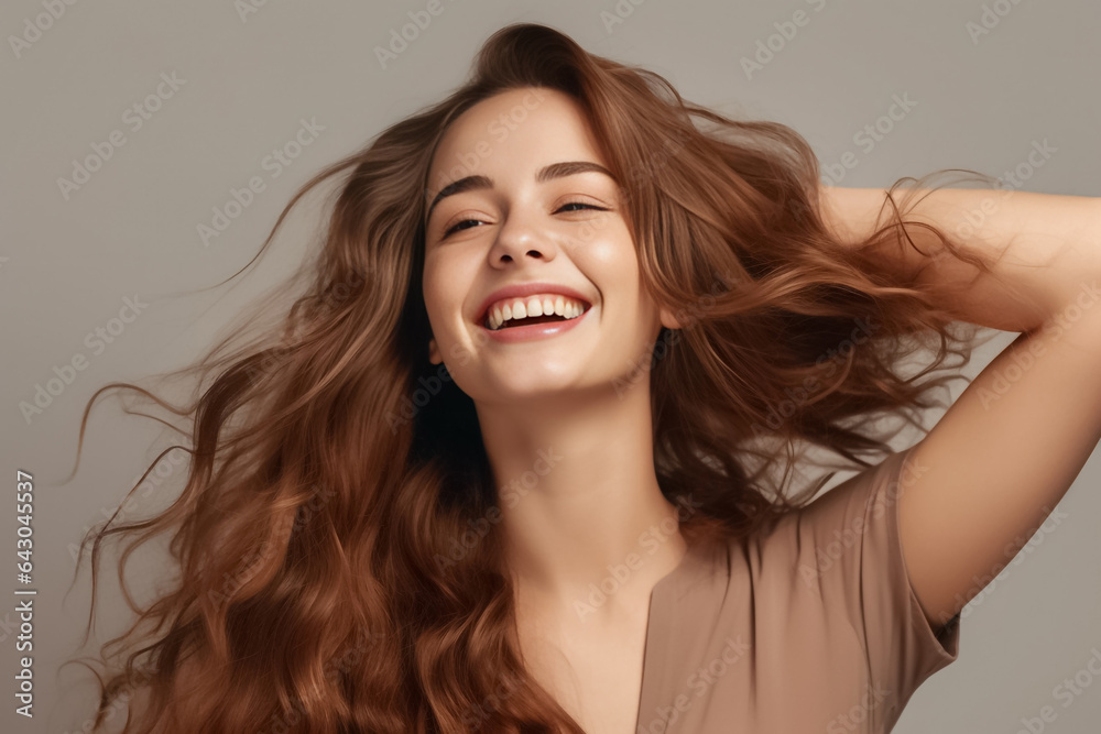 Charming Asian teenager with wavy long hair blowing in the breeze exudes positivity with a bright smile on a solid background. Generative AI. Charming Asian teenager with wavy long hair blowing in the breeze exudes positivity with a bright smile on a solid background. Generative AI.
