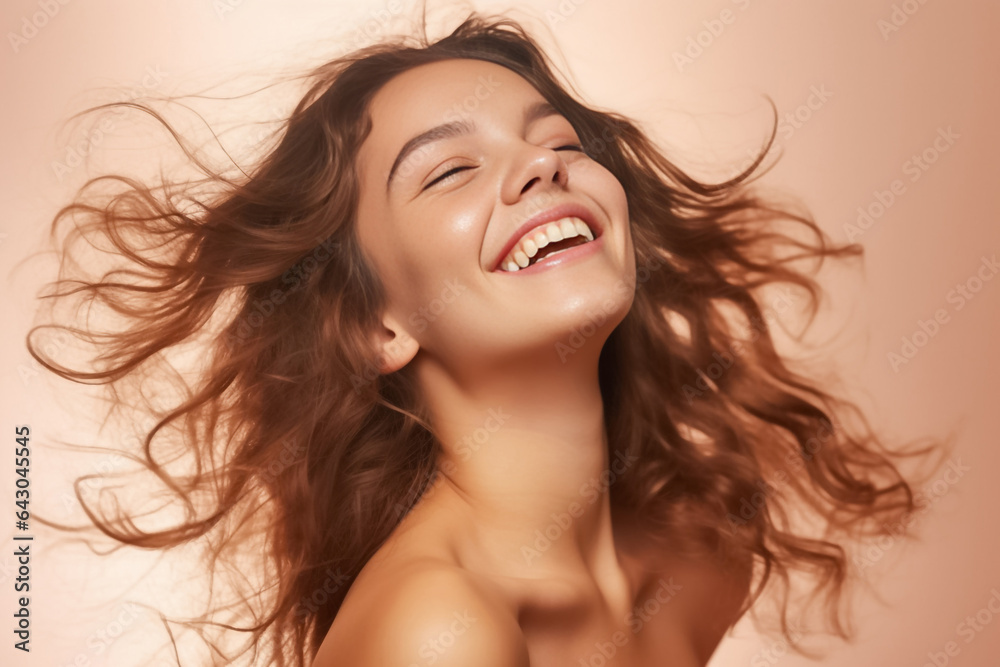 Charming Asian teenager with wavy long hair blowing in the breeze exudes positivity with a bright smile on a solid background. Generative AI. Charming Asian teenager with wavy long hair blowing in the breeze exudes positivity with a bright smile on a solid background. Generative AI.