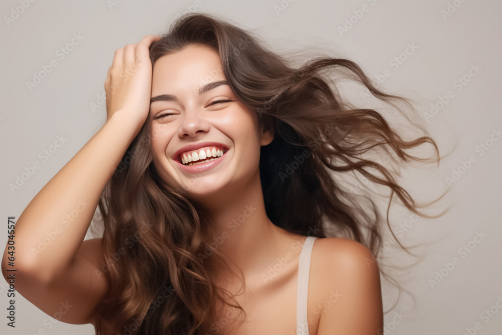 Charming Asian teenager with wavy long hair blowing in the breeze exudes positivity with a bright smile on a solid background. Generative AI. Charming Asian teenager with wavy long hair blowing in the breeze exudes positivity with a bright smile on a solid background. Generative AI.