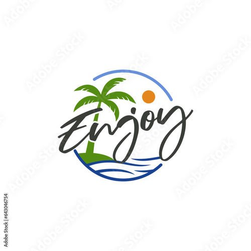 word enjoy typography logo design. Vector illustration word enjoy typography, palm tree and sea view. modern logo design vector icon template
