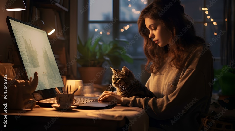 A girl sitting at home with a cat at the table, working on a laptop.