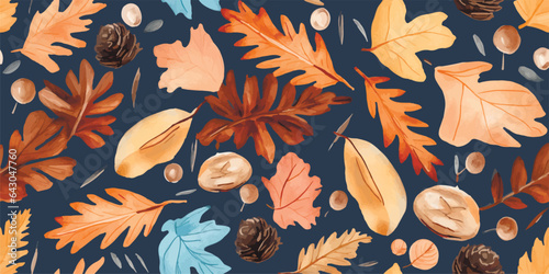 Autumn seamless pattern with different with autumn elements, leaves and plants, seasonal colors. Perfect for greetings, invitations, manufacture wrapping paper, textile, wedding