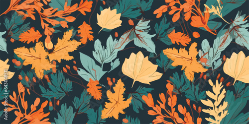 Autumn seamless pattern with different with autumn elements, leaves and plants, seasonal colors. Perfect for greetings, invitations, manufacture wrapping paper, textile, wedding