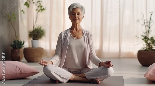 healthy senior woman practice yoga at home in the morning sunrise. 