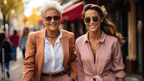 Two carefree mature women walk down city street in stylish luxury clothes at autumn