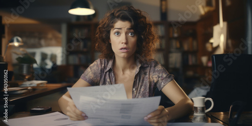 A stressed woman, sitting at a table. Small business owner. Entrepreneur. Overdue bills. Worried about cashflow. Bankruptcy, insolvency. Filling out paperwork. Financial trouble. Bank loan.