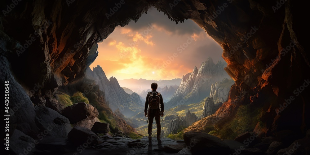 Silhouette of a mountain climber in front of a cave entrance in the mountains - obrazy, fototapety, plakaty 