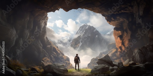 Silhouette of a mountain climber in front of a cave entrance in the mountains
