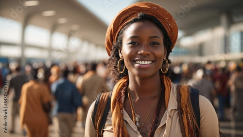 Bellissima donna di origini africane in aeroporto con zaino pronta per viaggiare photo