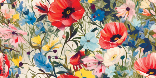 Trendy Wild Meadow florals , Flower bouquet illustration Seamless Pattern Vector Design, Design for fashion , Perfect for greetings, invitations, manufacture wrapping paper, textile, wedding