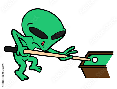 Cartoon illustration of Funny Green Alien playing billiards at night club. Best for mascot, logo, and decoration with extraterrestrial comedy themes