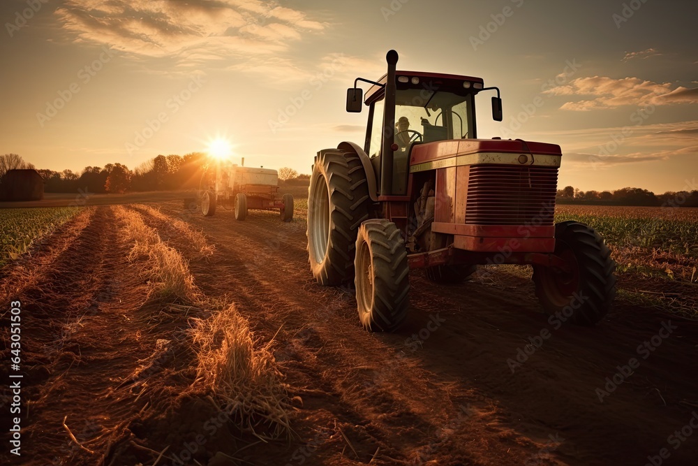 Fototapeta premium a red tractor in the middle of a field at sunset, with the sun shining through the clouds behind it