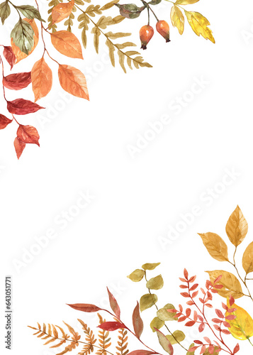 Fall leaves and foliage corner border. Autumn botanical frame. Watercolor hand-drawn seasonal plant illustration.