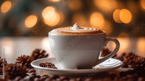Cup of cappuccino with coffee beans on bokeh background